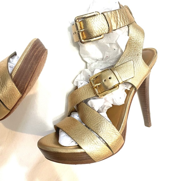 MK Gold Platform Strap Stilettos With Ankle Buckles Size 7 1/2 - Picture 3 of 13